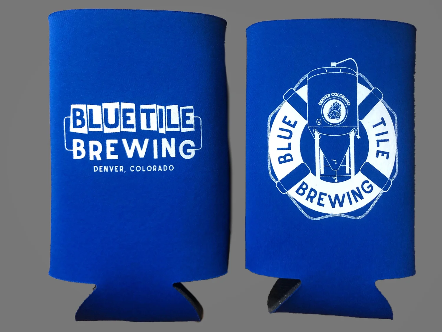 Blue Tile Brewing Denver Colorado custom screen printed koozies both sides