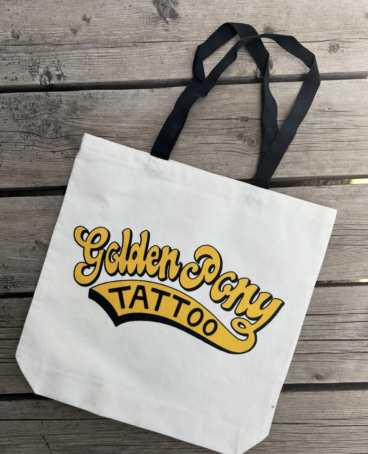 Golden Pony Tattoo custom screen printed tote bag Colorado ATMOS Printing
