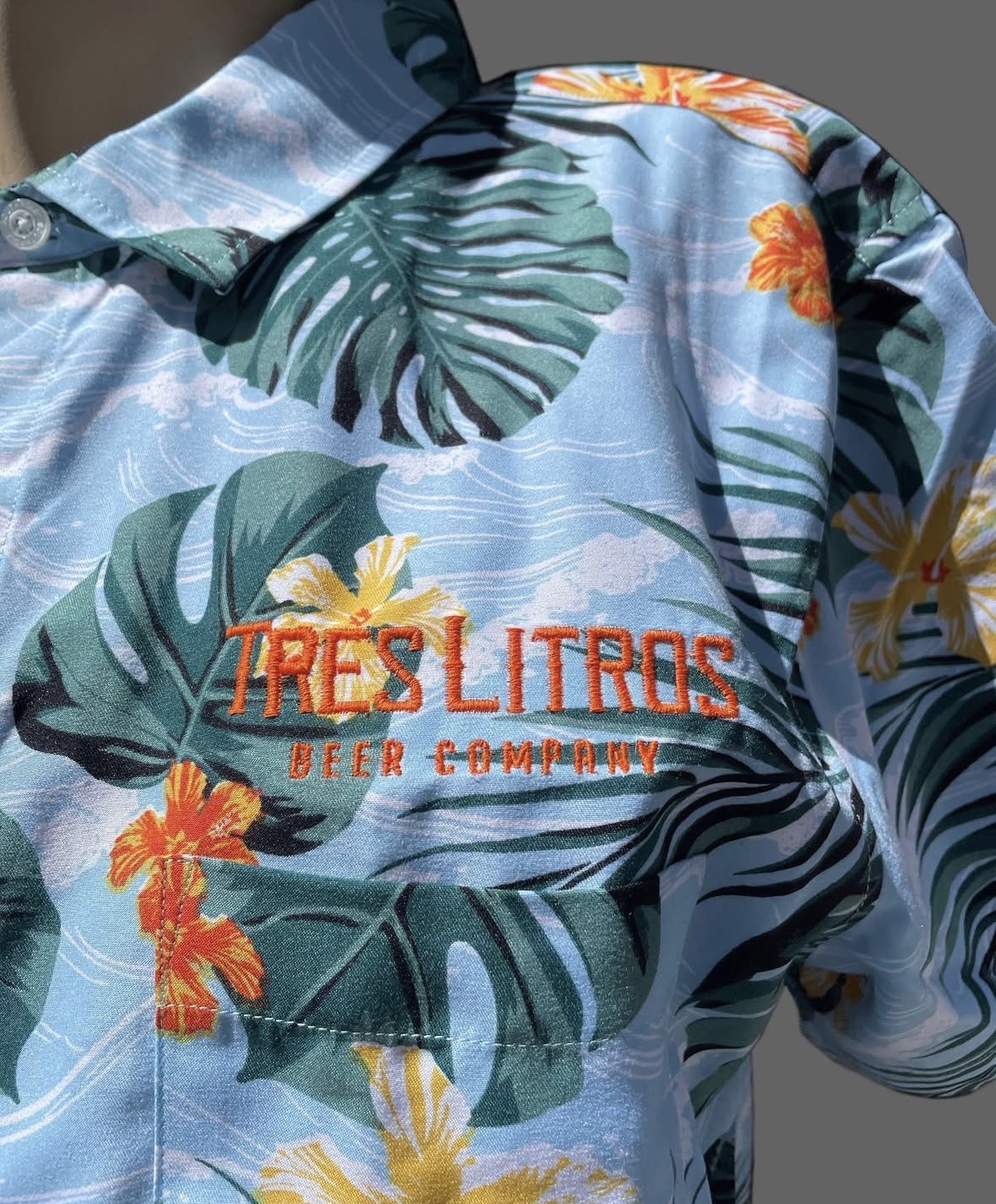 Tres Litros Beer Company custom embroidered Hawaiian shirt Colorado ATMOS Printing